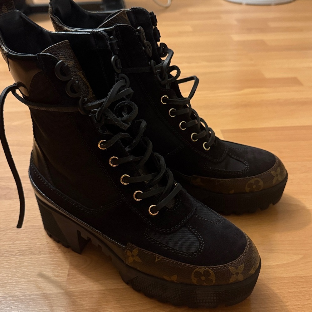 Louis Vuitton Suede Calfskin Monogram Laureate Platform Leather Boots 37